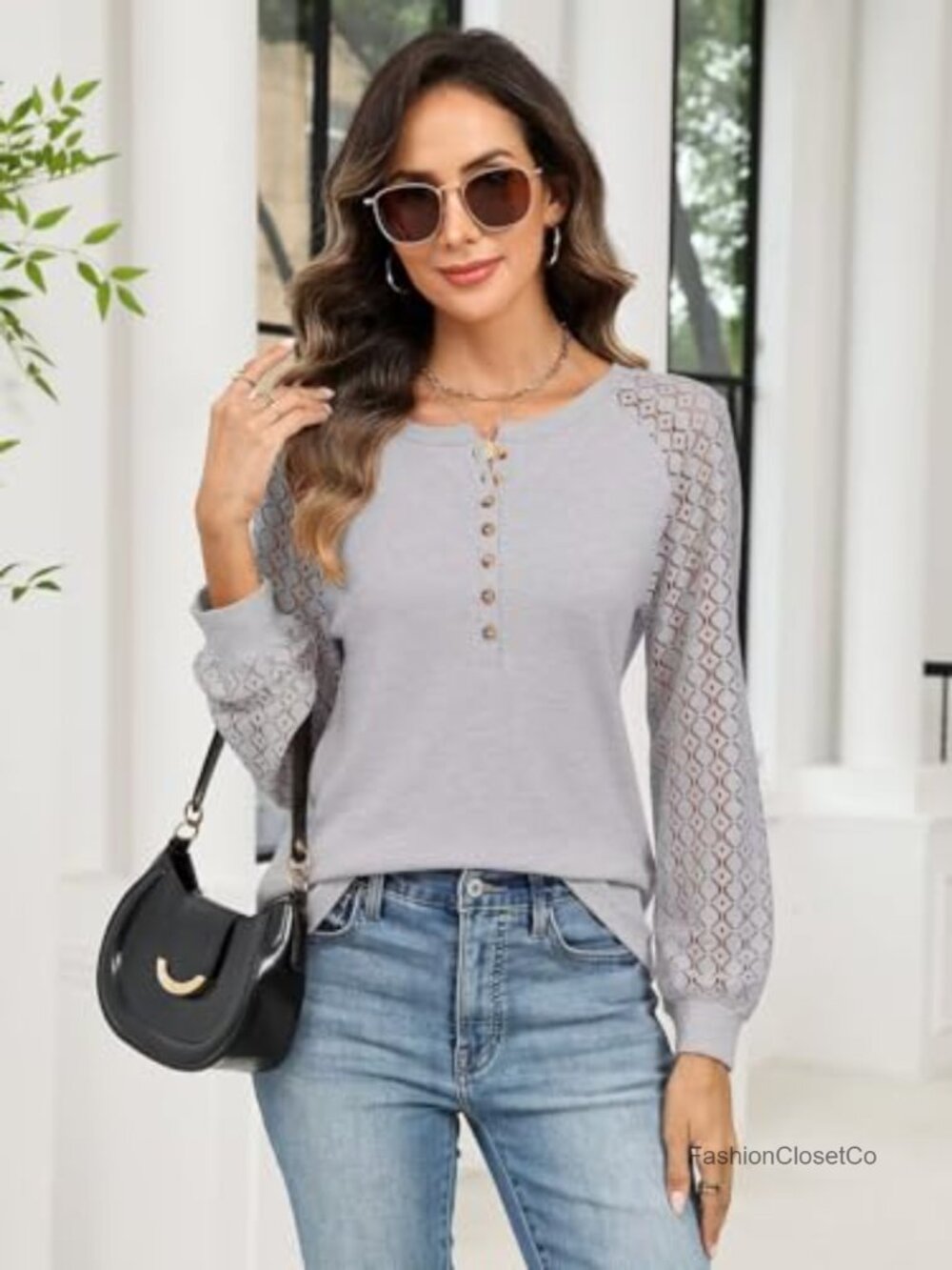 Women's Lace Long Sleeve Henley T-Shirt Crewneck Top Cotton Blend Casual - Picture 4 of 4